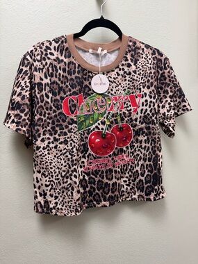 Pastels Brown Leopard Cherry Graphic Crop Tee